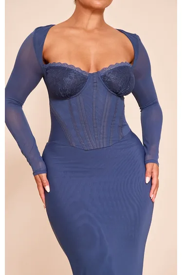 Shape navy Mesh Lace Insert Corseted Maxi Dress