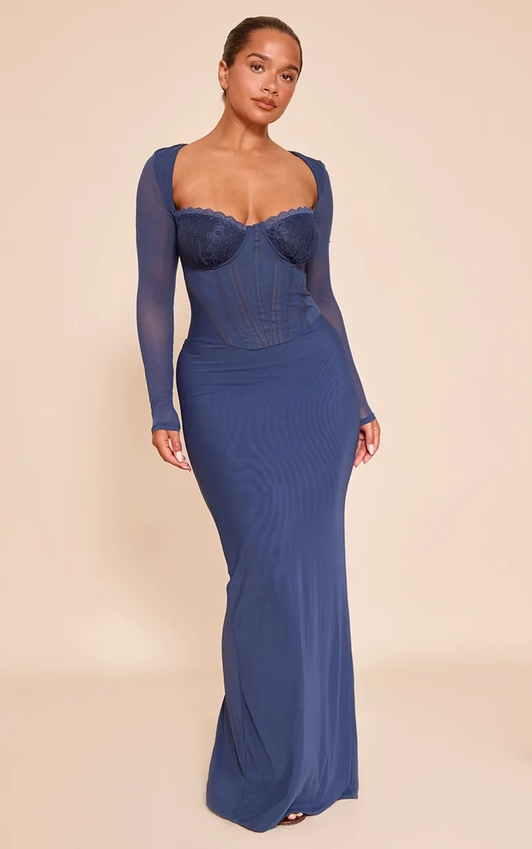 Shape navy Mesh Lace Insert Corseted Maxi Dress Prettylittlething Navy :  Evening Dresses : VogaCloset Oman