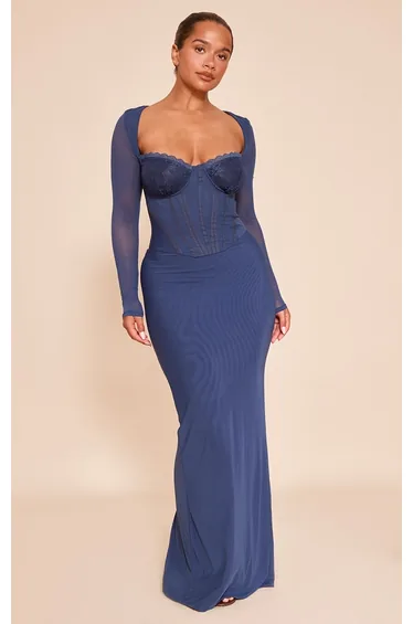 Shape navy Mesh Lace Insert Corseted Maxi Dress