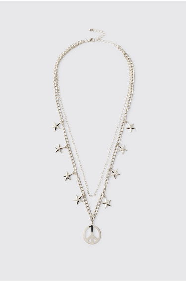 Peace Sign & Star Pendant Necklace - silver