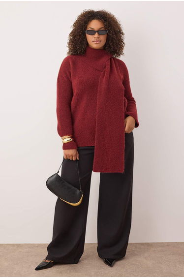 Burgundy Wool-Containing Shawl Detailed Soft Feeling Knitwear Sweater