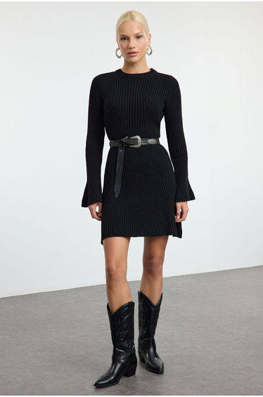 Black Mini Knit A-Line Form Fit Dress