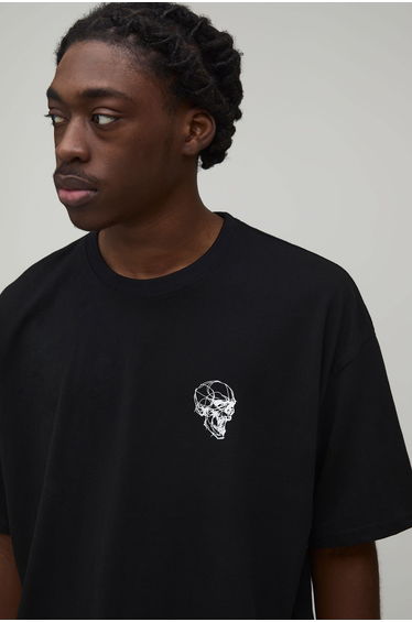 Black Oversized Skull Line Drawing Print T-Shirt - black