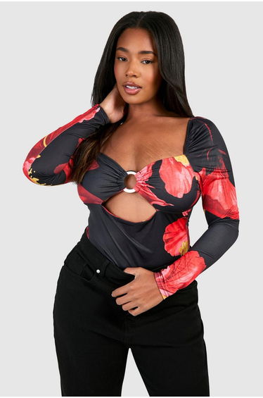 Plus Long Sleeve Ring Detail Bodysuit - floral