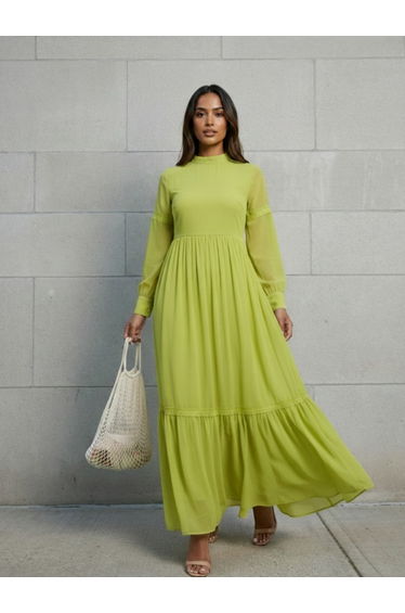 Women Green Lace Insert Ruffled Hem Maxi Dress