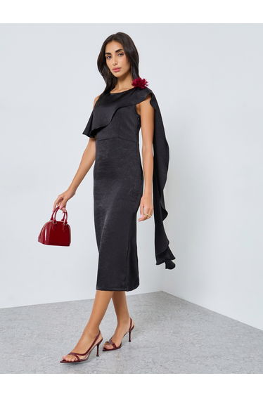 Black Draped Midi Dress with Corsage Detail