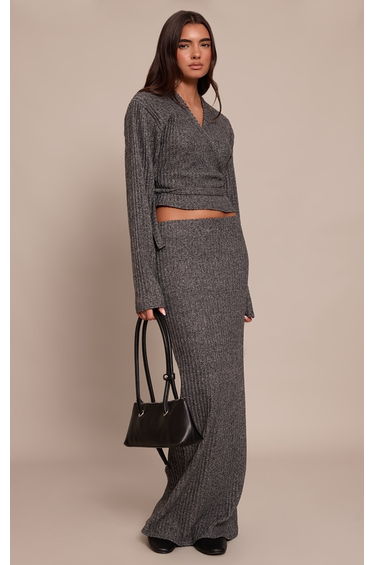 Charcoal Brushed Wrap Over Tie Waist Top