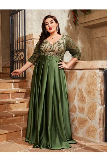 Leely Plus Women's Elegant V Neck Three Quarter Length Sleeve A-Line Dress