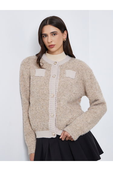 Beige Regular Fit Mixed Yarn Cardigan