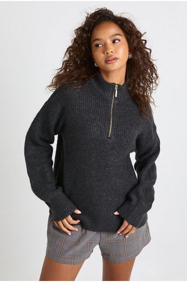 Soft Knit Oversized Knitted Zip Neck Jumper