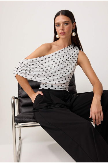 White-Multicolor Polka Dot Pack Asymmetrical Collar Sleeveless Knitted Tulle Party Blouse
