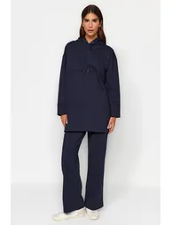 Navy Blue Hooded Knitted Tracksuit Set