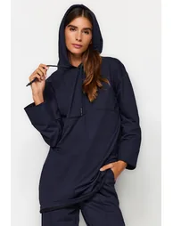 Navy Blue Hooded Knitted Tracksuit Set - 4