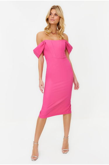 Pink Form-fitting Woven Corset Detailed Elegant Evening Dress