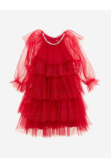 Girls Ruffle Tulle Dress in Red