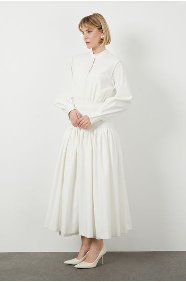 Lace Trim Detail Lined Long Off-White Dress