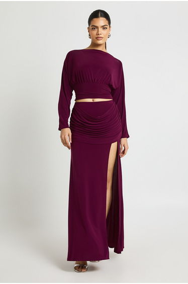 Slinky Cinched Wiast Ruched Sleeve Top - plum