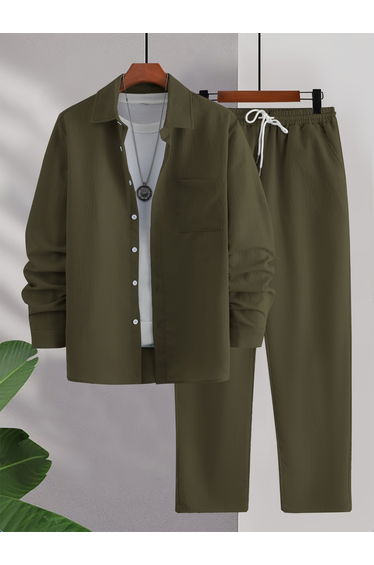 Men Khaki Textured Shirt and Trousers Co-Ords