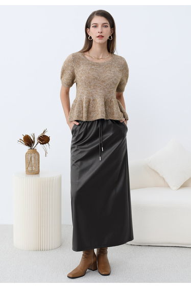On-Duty Faux Leather Drawstring Shift Skirt in Black