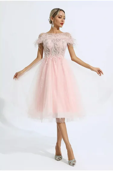 Sky Pink Feather Mesh Midi Dress