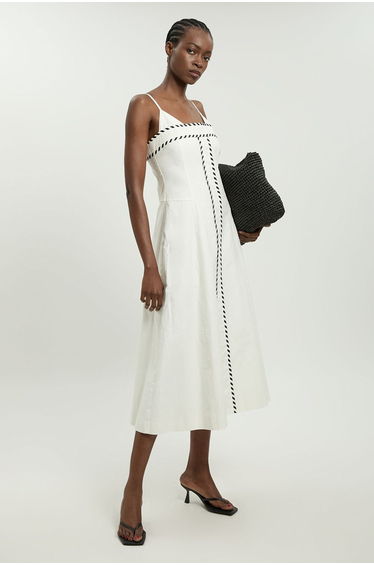 Tailored Linen Blend Contrast Stitch Midi Dress