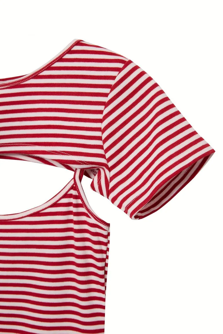 Red Striped Fitted 2-Piece Window Detailed Fitted Crop Stretch Knitted T-Shirt - 7