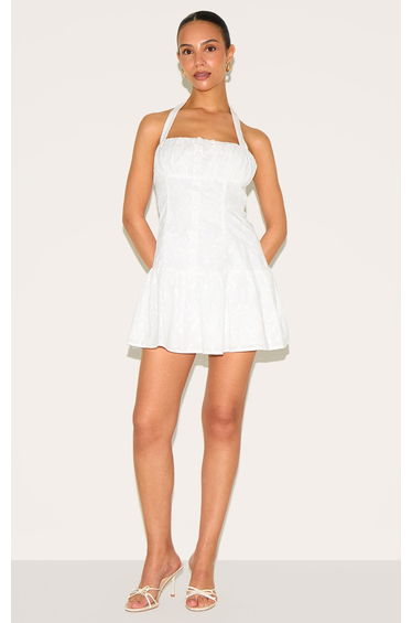 Petite White Halterneck Broderie Mini Dress