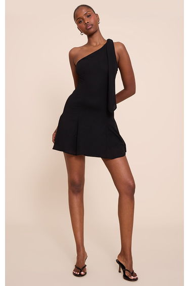 Black Tie Neck Godet Shift Dress