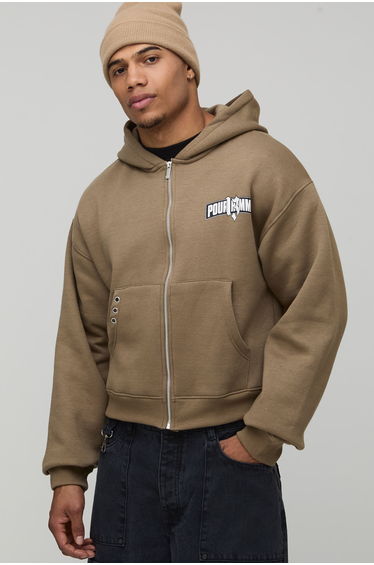 Shrunken Zip Through Embellished 13 Graphic Hoodie - brown