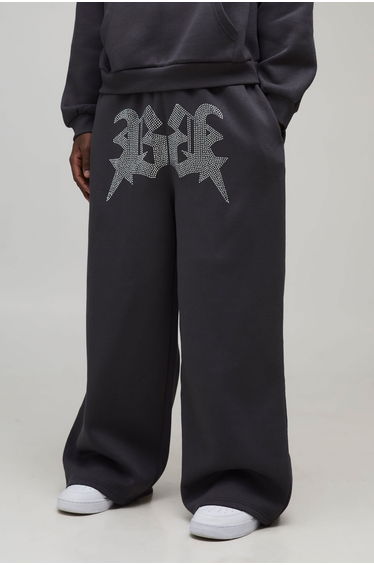 Extreme Wide Leg Rhinestone B Star Joggers - charcoal