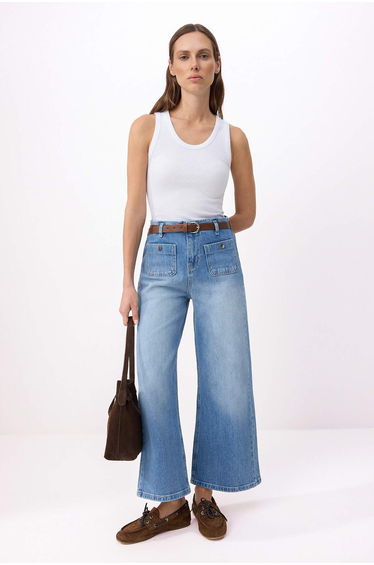 Blue Belted Normal Waist Slightly Stretchy Culotte Ankle Length Jeans