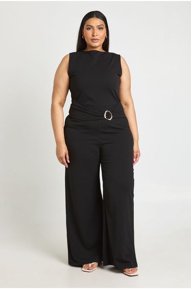 Plus Belted Gold Trim Detail Wide Leg Jumpsuit - black