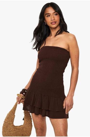 Petite Cheesecloth Shirred Mini Beach Dress - chocolate