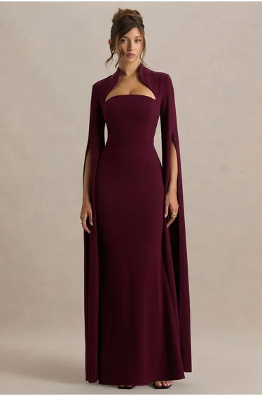 فستان ماكسي بأكمام كاب بياقة مربعة لون أحمر