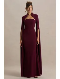 فستان ماكسي بأكمام كاب بياقة مربعة لون أحمر