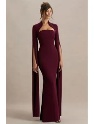 فستان ماكسي بأكمام كاب بياقة مربعة لون أحمر - 5