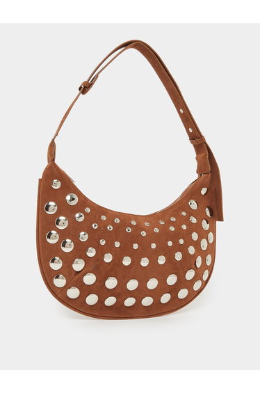 Khaki Suede Stud Shoulder Bag
