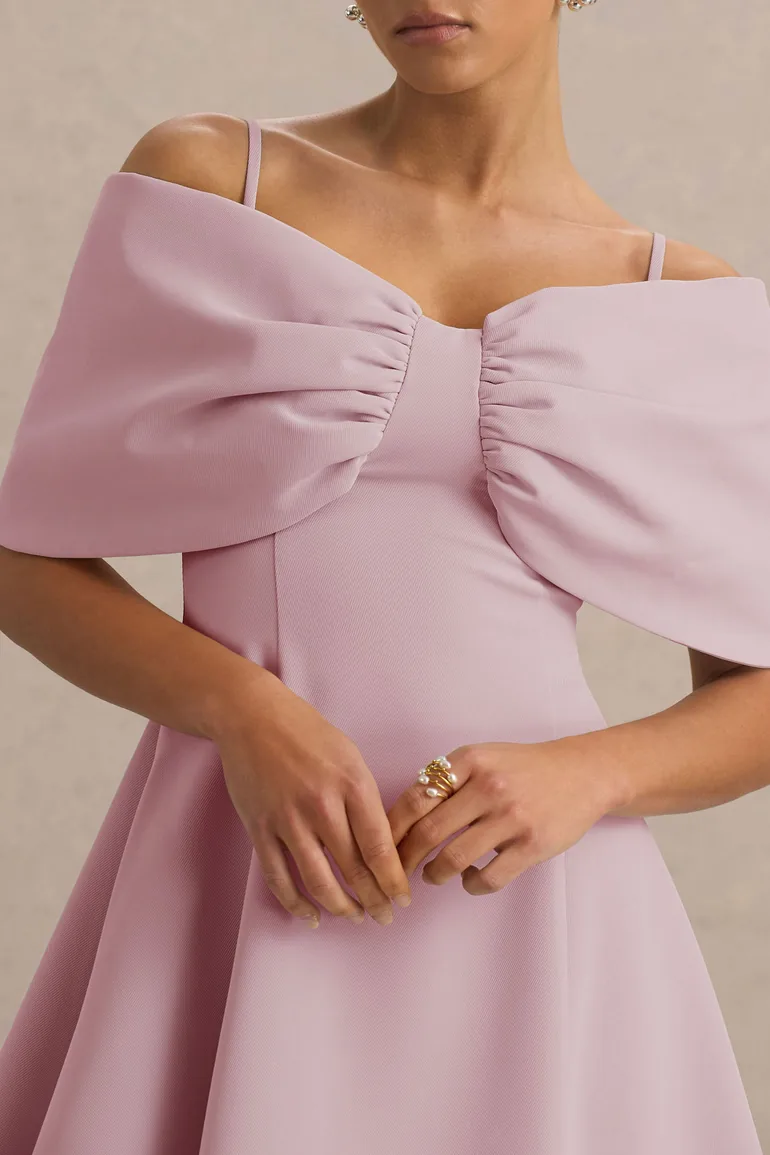 Faria | Blush Pink Short-Sleeve Bardot Mini Dress With Bow Detail Club L London : Premium Dresses : VogaCloset Qatar Faria | Blush Pink Short-Sleeve Bardot Mini Dress With Bow Detail Club L London : Premium Dresses : VogaCloset Qatar