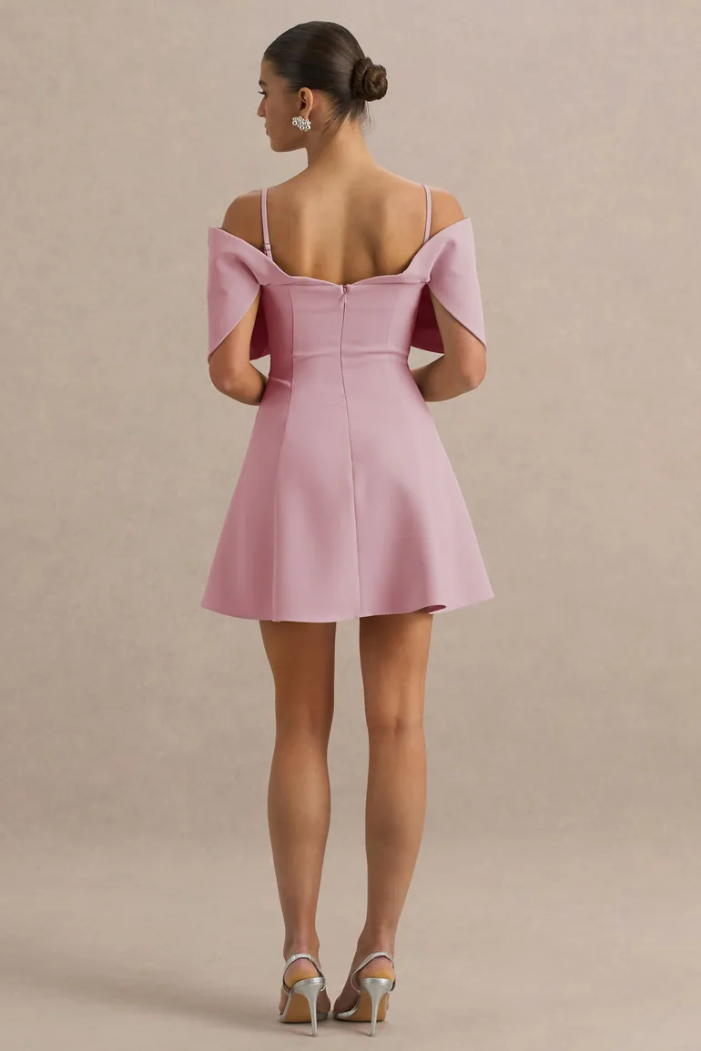 Faria | Blush Pink Short-Sleeve Bardot Mini Dress With Bow Detail Club L London : Premium Dresses : VogaCloset Iraq Faria | Blush Pink Short-Sleeve Bardot Mini Dress With Bow Detail Club L London : Premium Dresses : VogaCloset Iraq