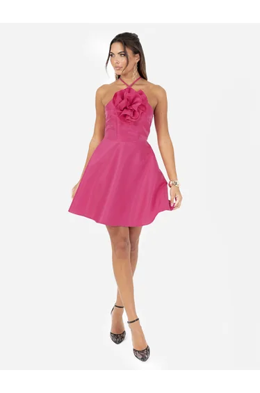 Maya Hot Pink Oversized Flower Corsage Strappy Mini Dress