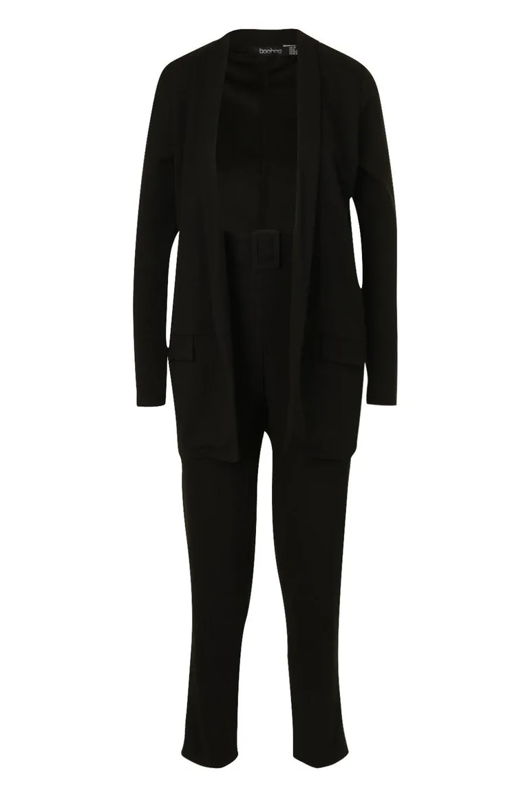 Tailored Blazer & Self Fabric Belt Trouser Suit Set - black - 2