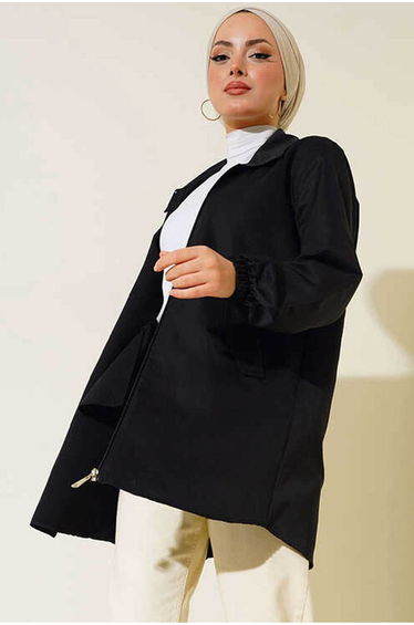 Short Pocket Flap Trench Coat - Black