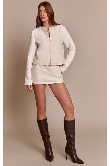 Cream Boucle Zip Up Bomber Jacket