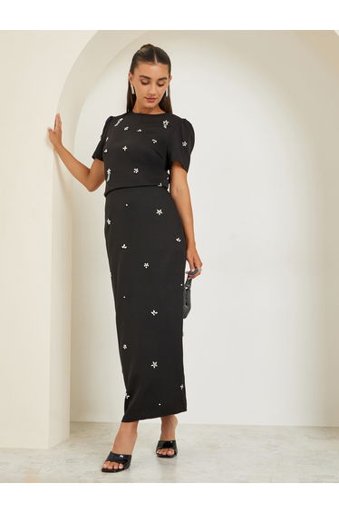 Scuba straight fit maxi length skirt with back slit