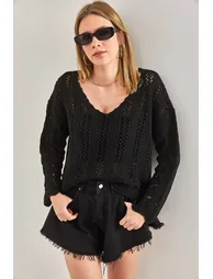 Women's Openwork Patterned Knitwear Blouse - 4