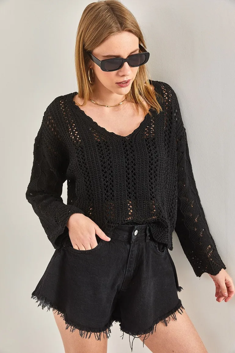 Women's Openwork Patterned Knitwear Blouse - 6