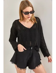 Women's Openwork Patterned Knitwear Blouse - 6