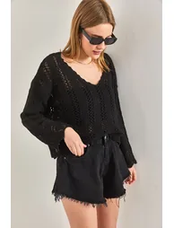 Women's Openwork Patterned Knitwear Blouse - 5