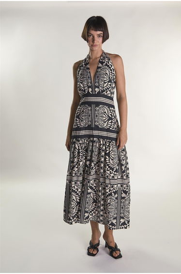 Scarf Border Print Halter Maxi Dress