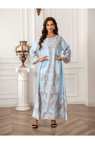Graphic Print Embellished Faux Pearl Jalabiya